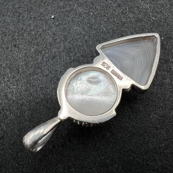 Sajen Moon Goddess Pendant Sterling Silver Carved Mother of Pearl and Agate 1.8" - Picture 7 of 13